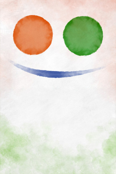 垂直背景-抽象的微笑笑脸的两个圆圈作为眼睛在明亮的橙色藏红花，绿色的三色旗的颜色，如在印度，科特迪瓦，爱尔兰，尼日尔，意大利国旗，涂鸦在一个肮脏的白墙上，与蓝色曲线作为微笑图片下载