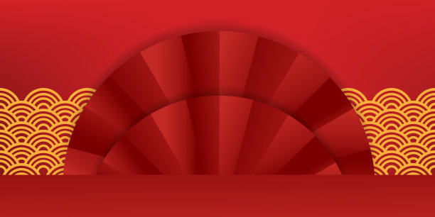 快乐的中国新年横幅模板，工作室背景与墙壁背景上的红色剪纸风扇，矢量工作室背景场景，圣诞节，中秋节横幅展示平台图片下载
