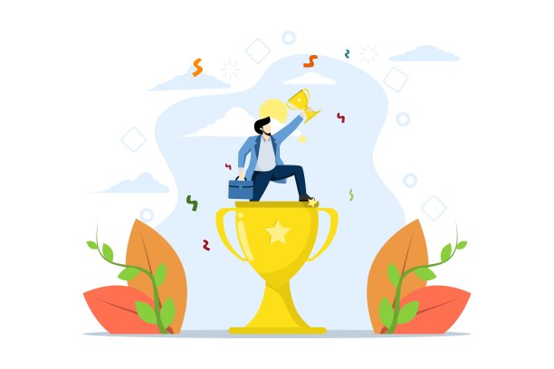 商业胜利或成就的概念，胜利或奖励，成就领导成功，事业成功的决心，欢快获胜的商人拿着奖杯以上的大胜奖杯。向量。图片下载