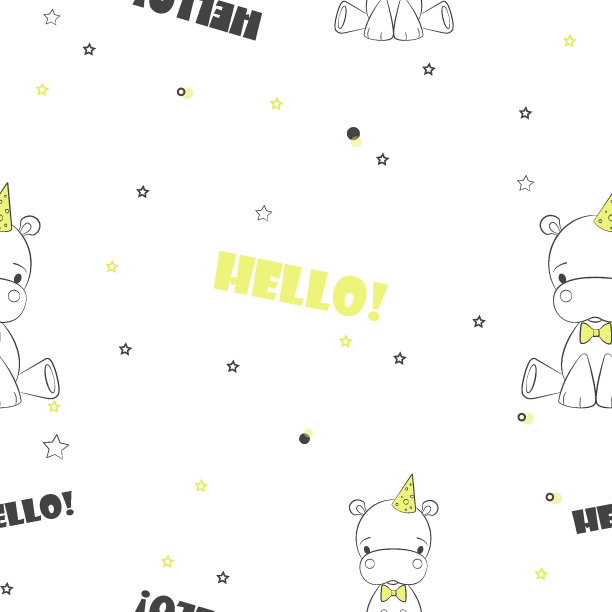 可爱的轮廓河马矢量字符模式与星星和你好文字为孩子们的房间和婴儿淋浴。无缝图案与河马图片下载