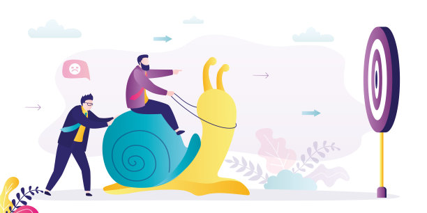 商人骑着缓慢的蜗牛试图达到目标。企业家慢慢地朝着目标前进。业务进展缓慢。经济衰退，经济危机。愚蠢的老板，错了。图片下载