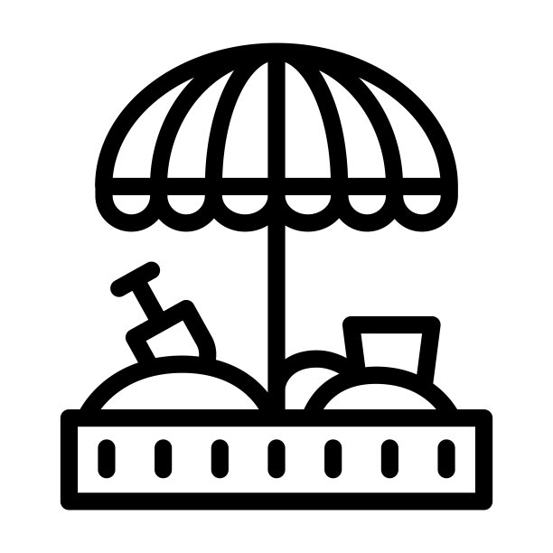 沙盒和伞线图标，儿童概念，白底沙儿童游乐场标志，沙盒与儿童伞的轮廓移动。矢量图形。图片下载