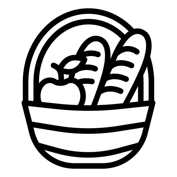 篮子用面包和苹果线图标，食物概念，野餐篮子里装满了美味的水果和面包，标志在白色背景上，篮子里的产品图标轮廓风格。矢量图形。图片下载