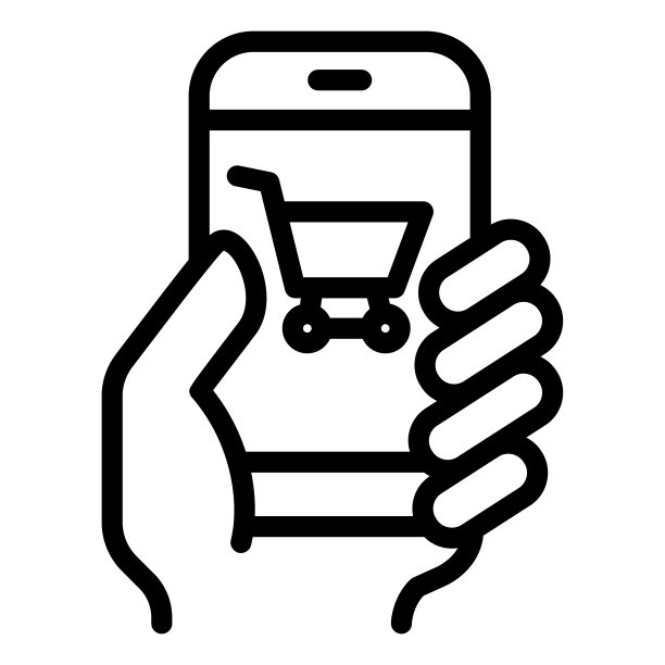 手与智能手机线图标，购物概念，移动支付通过手机标志在白色背景，超市网上购物与信用图标在轮廓风格的手机。图片下载