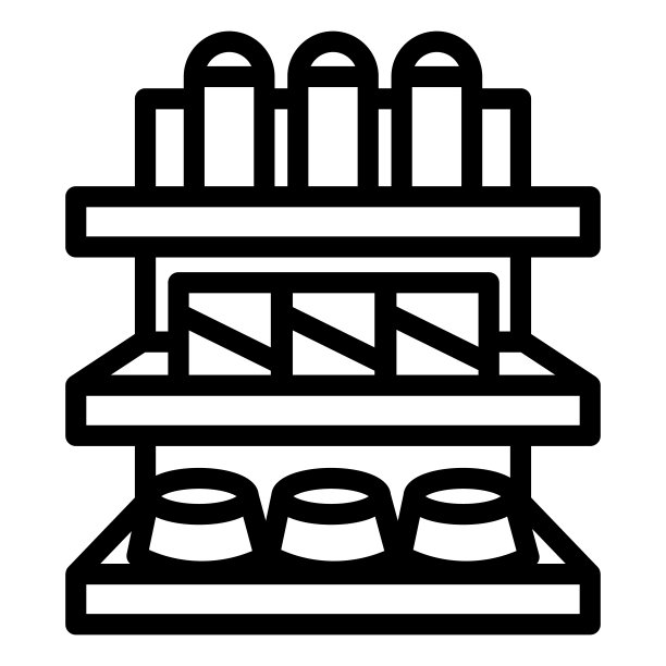 商店货架上的商品线图标，市场概念，商店货架上的各种产品白底标志，超市商店货架图标轮廓风格移动，网页。矢量图形。图片下载