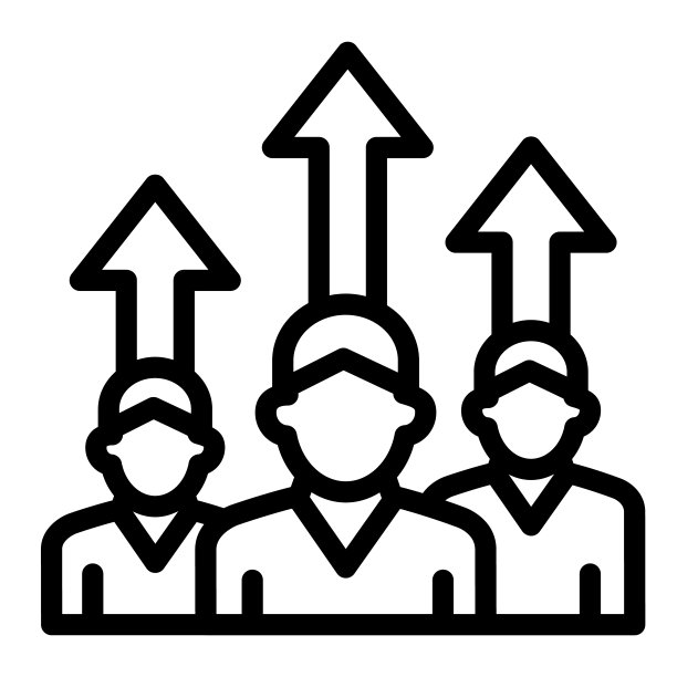 三个人和向上的箭头线图标，商业理念，员工抱负和动机标志在白色背景上，激励团队图标轮廓风格和网页。矢量图形。图片下载