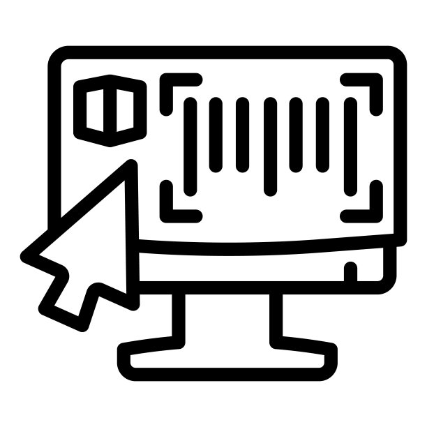 监视器与条码阅读器线图标，物流和配送服务符号，仓库登记矢量标志在白底，计算机条码扫描器质量标志图标轮廓。图片下载