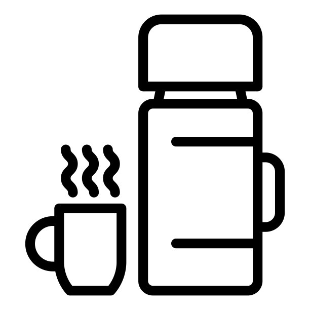 保温瓶和杯子与热饮料线图标，露营概念，在白色背景上的热水瓶标志，保温瓶和杯子图标轮廓为移动和网络。矢量图形。图片下载