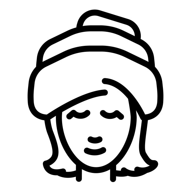 毛巾在女孩头部线条图标，水疗沙龙程序的概念，女人用毛巾洗头发在白色背景的标志，美丽的女孩在毛巾她的头轮廓风格。矢量图形。图片下载