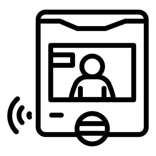 对讲机与屏幕上的客人线图标，智能家居符号，白色背景的人识别视频矢量标志，安全网络摄像头与男人轮廓风格。矢量图形。图片下载