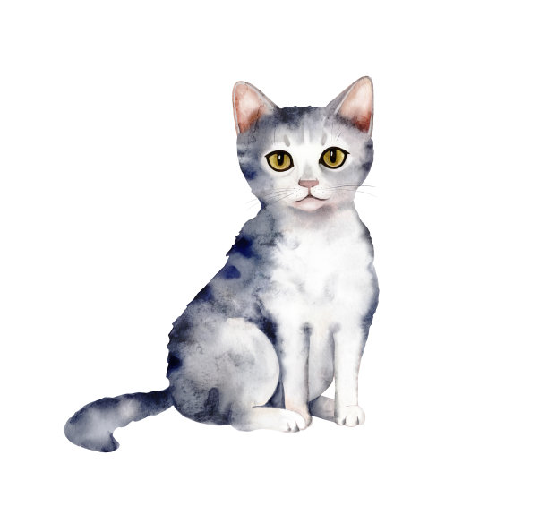 条纹可爱的灰色小猫坐，水彩插图。图片下载