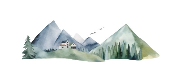 水彩背景以自然、山脉和房屋为简单的卡通风格。图片下载