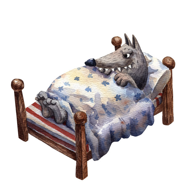 水彩狼人在床上。小红帽的角色。吓狼。孩子们的书。古老的故事。卡通风格的插图。童话动物。孤立的狼的艺术。图片下载