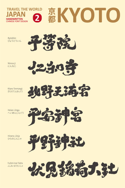京都热门景点的汉字标题设计，京都著名古迹特别2，矢量汉字标题设计，书法风格，适合观光旅游。图片下载