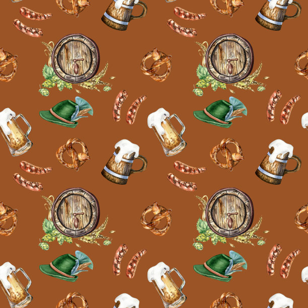 木制啤酒桶和马克杯，德国帽子水彩无缝图案隔离在棕色上。啤酒花，麦穗，椒盐卷饼，手绘香肠。设计酿造，包装，标签，包装，纸张，背景图片下载