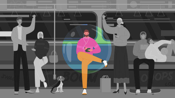 快乐的内向者在私人空间的泡泡里，不合群的人坐在座位上拿着手机图片下载