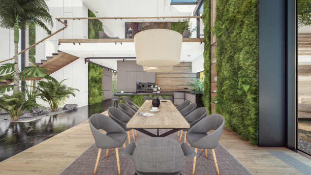 3d渲染昂贵舒适的室内与绿色的墙壁在晚上图片下载