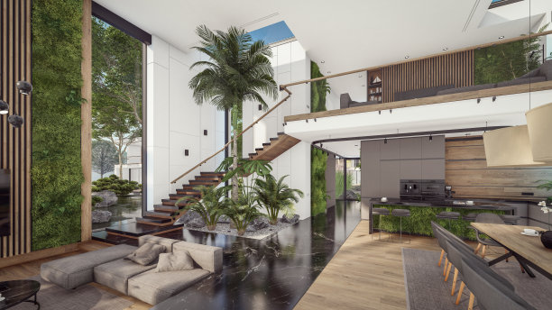 3d渲染昂贵舒适的室内与绿色的墙壁在晚上图片下载