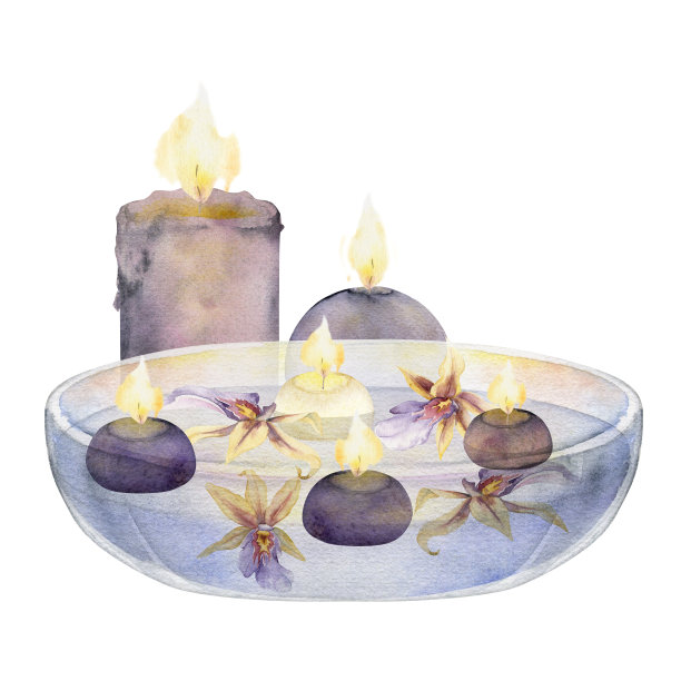 手绘水彩水疗和沐浴美容产品配件浮动蜡烛。水平组合。孤立在白色背景上。设计养生度假，印刷，织物，封面，卡片，小册子。图片下载