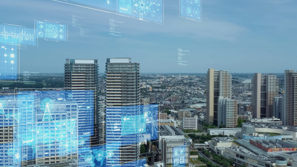 现代城市鸟瞰图与信息技术概念。数字转换。通信网络。图片下载