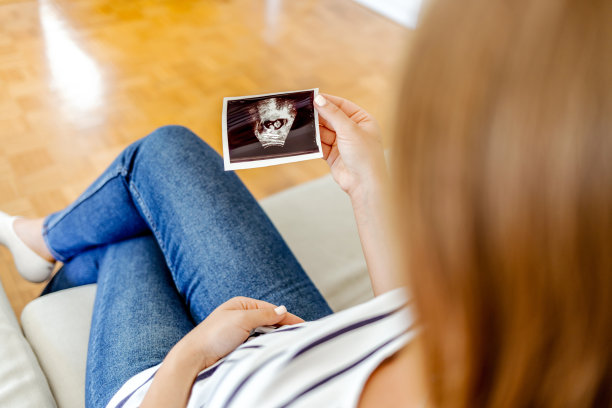 在家看超声波图的孕妇。图片下载