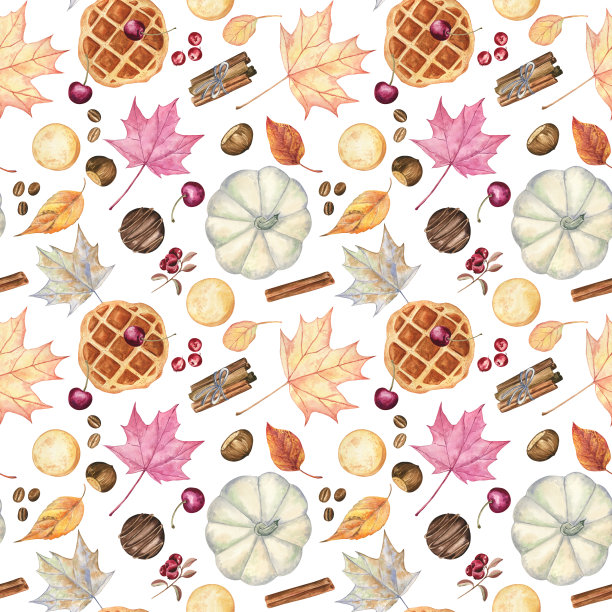 秋天无缝图案南瓜，华夫饼，饼干，枫叶，香料，浆果和坚果图片下载