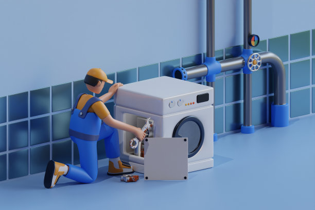 专业维修人员会到客户家里来修理洗衣机。一个修理工正在浴室修洗衣机。三维渲染图片下载