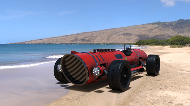 幻想复古未来的红色赛车在沙滩上。3 d渲染。图片下载