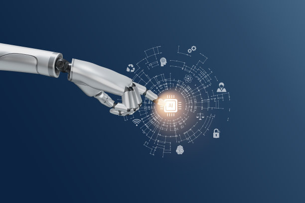 虚拟世界技术，连接网络虚拟世界的机器人之手，人与机器人的技术转型，虚拟现实，可视化仿真，AI, AR, VR，未来主义。图片下载