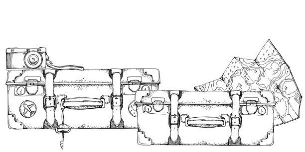 墨水手绘矢量草图。插图与一套复古复古的行李箱，行李箱，行李箱，贴纸，钥匙和地图。设计旅游、旅游、宣传册、婚庆、导游、印刷、名片、纹身图片下载