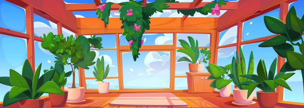 卡通房间内部有玻璃墙和鲜花图片下载