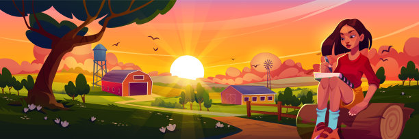 年轻女子画乡村日落图片下载