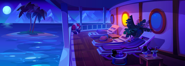 有夜海，山，岛的游轮图片下载