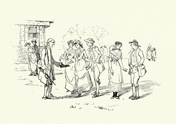 19世纪维多利亚时代，年轻的夫妇在五月舞会结束时向小提琴手付钱图片下载