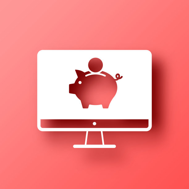 带存钱罐的台式电脑。图标在红色背景与阴影图片下载