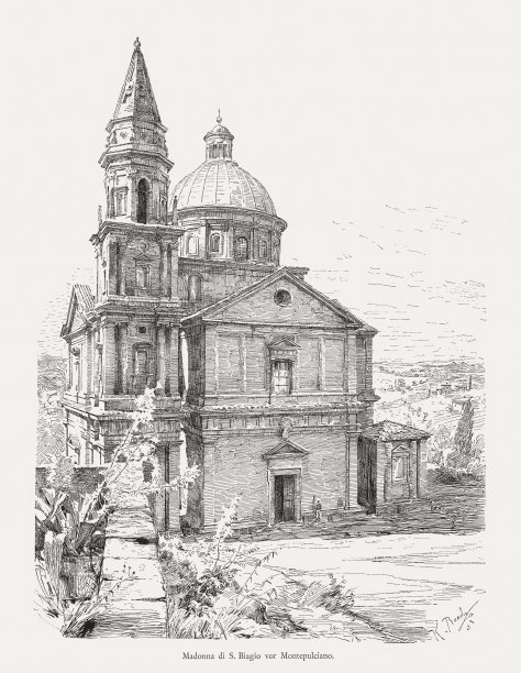 1884年，意大利托斯卡纳蒙特普恰诺附近的圣比亚吉奥木刻版画图片下载