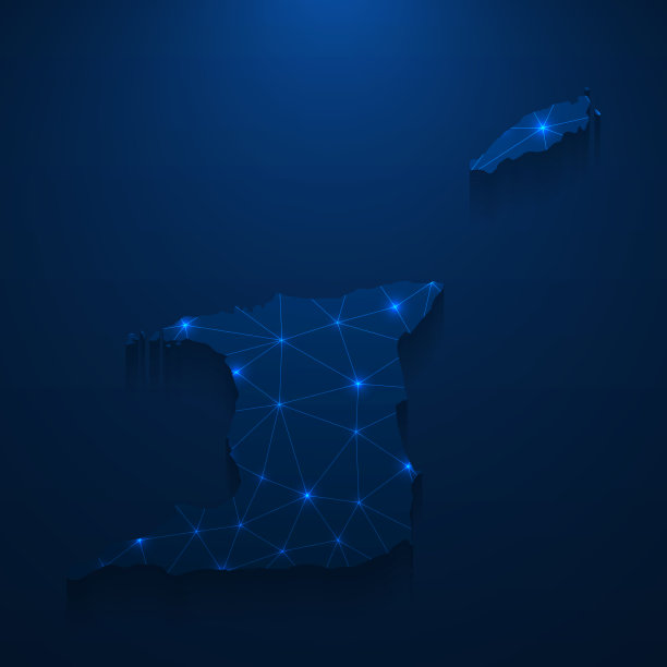 特立尼达和多巴哥地图网络-明亮的网格在深蓝色的背景图片下载