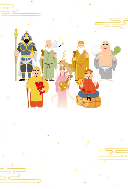 龙年新年贺卡，2024年，七位福神以图案为背景图片下载