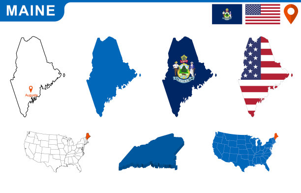 美国缅因州的地图和旗帜。图片下载