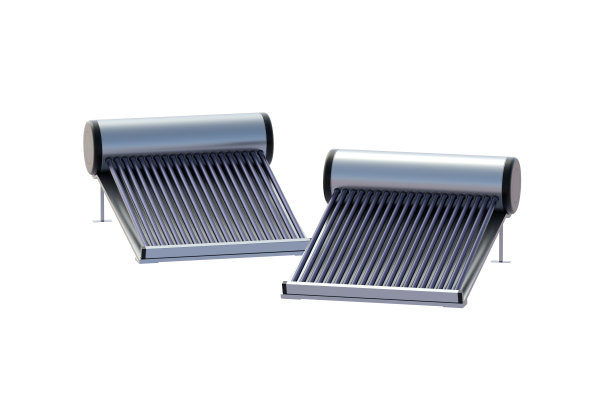 两个太阳能加热器被隔离在白色背景上。现代生态技术。三维渲染图片下载