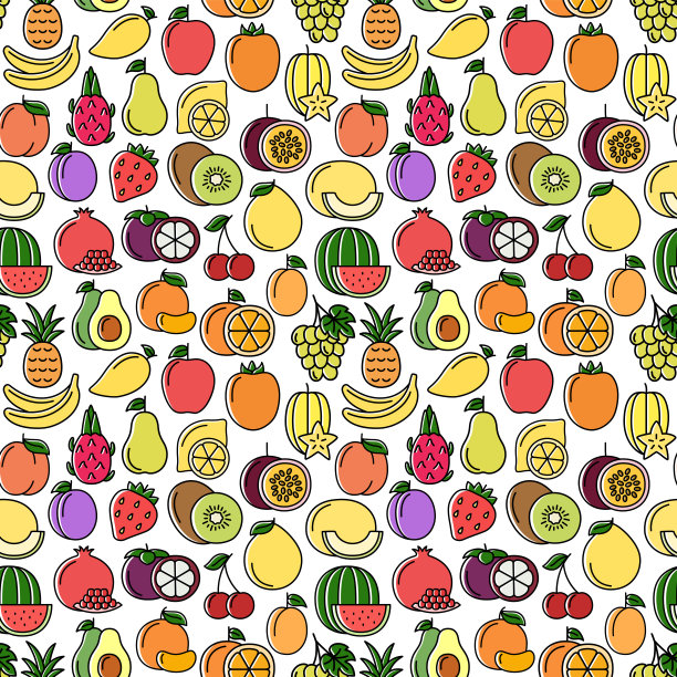 无缝图案与水果和浆果的颜色图标，矢量插图图片下载