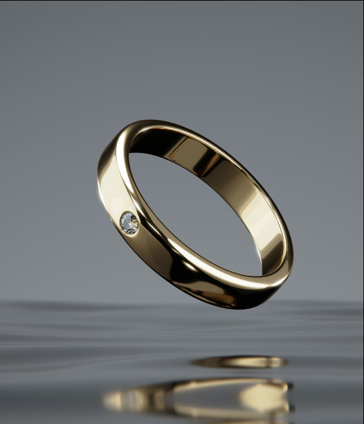 一个金钻戒漂浮在水面上，在一个摄影棚的场景。从设计到3D渲染。图片下载