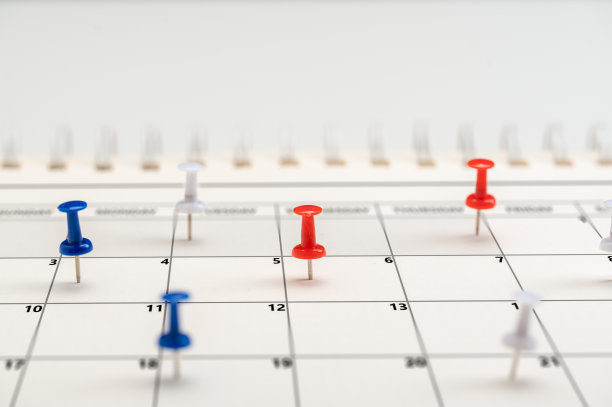 商务活动管理，商务策划有针对性的营销活动。日历事件上的刺绣别针。策划日历，策划商务会议或旅行计划图片下载