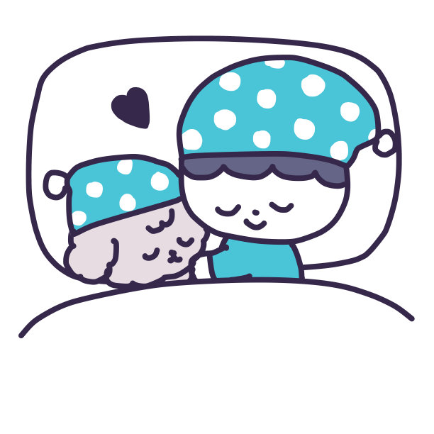 一个戴着睡帽的男孩和一只可爱的玩具贵宾狗在床上睡觉的插图图片下载