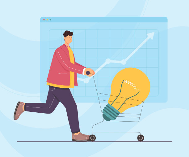 人的商业创意和创新，人在手推车上抬着大灯泡图片下载