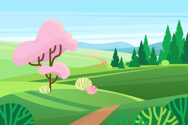 春天的景色有樱花和绿草草地上的田野，村庄小山图片下载