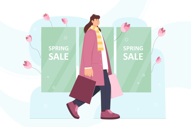 春季销售设计模板，时尚商店的横幅上有女人拿着购物袋图片下载