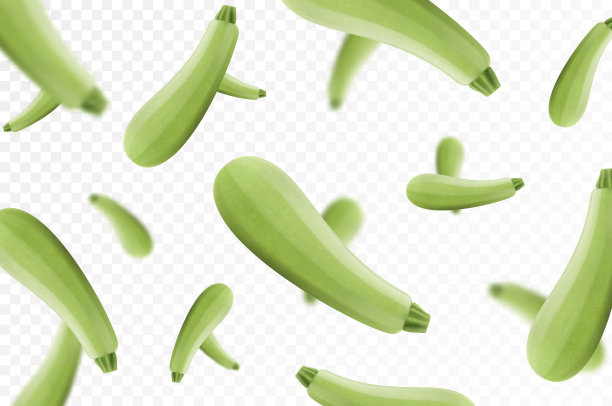 坠落的西葫芦孤立在透明的背景上。飞行整个和切片西葫芦蔬菜与模糊效果。可用于广告、包装、横幅、海报、印刷。逼真的三维矢量图片下载