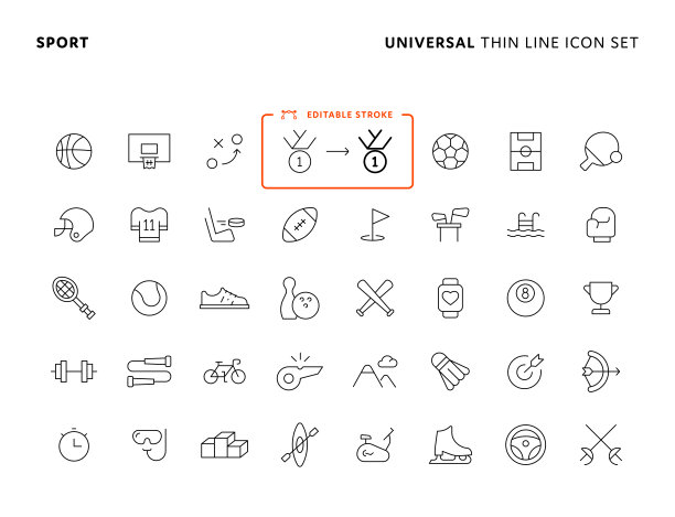 通用运动细线图标设置与可编辑的笔画。图标适用于网页，手机应用，UI, UX和GUI设计。图片下载