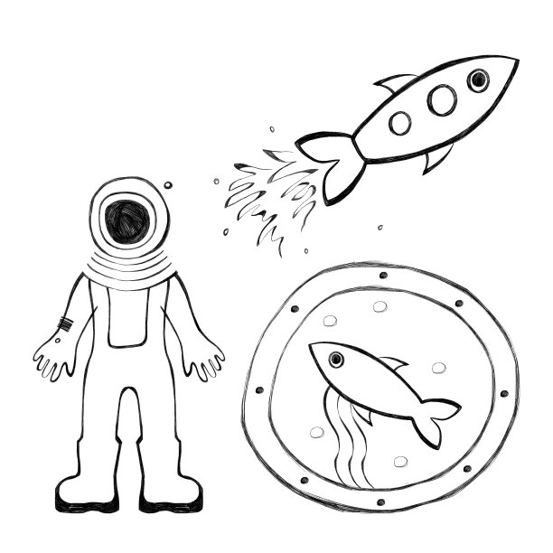 一组孤立的空间草图。宇航员，太空火箭，舷窗，鱼。月球之旅。科幻小说。白色背景。图片下载